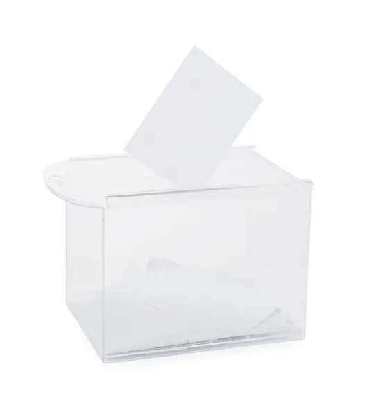 Caixa Cédula Transparente Com Voto Isolado Branco — Fotografia de Stock