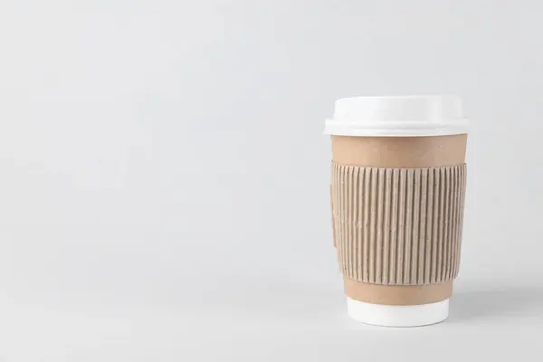 Papírpohár Műanyag Fedéllel Fény Háttér Hely Szövegnek Kávét Elvitelre — Stock Fotó