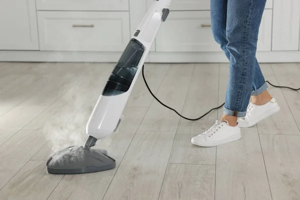 Woman Cleaning Floor Steam Mop Home Closeup — Stock Photo, Image