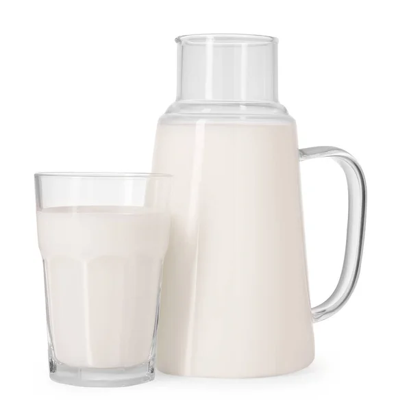 Karafa Sklenice Čerstvého Mléka Izolované Bílém — Stock fotografie