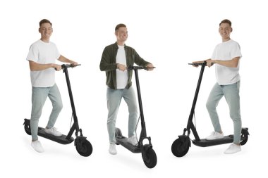 Elektrikli scooter 'ı olan adam beyazda izole edilmiş. Fotoğraf seti