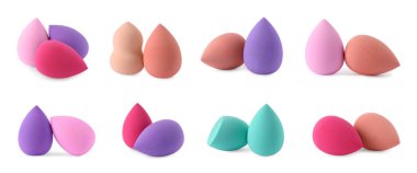 Beyaz üzerine izole edilmiş farklı makyaj süngerleri.