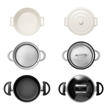 Beyaz, üst görünümde izole edilmiş farklı çömlekler ile ayarla