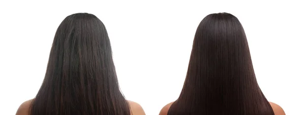 Жінка Після Лікування Волосся Білому Тлі Вид Ззаду Колаж Показує — стокове фото
