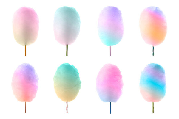 Набор различных сахарной ваты на палочках, изолированных на белом