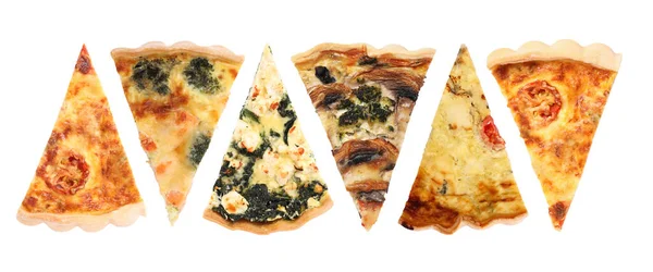 Pieces Different Quiches Isolated White Set Top View — Stock Photo, Image