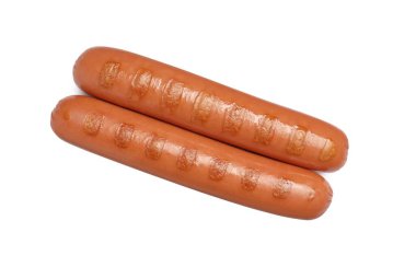 Beyaz arka planda leziz ızgara sosisler, üst manzara. Sosisli sandviç malzemeleri.