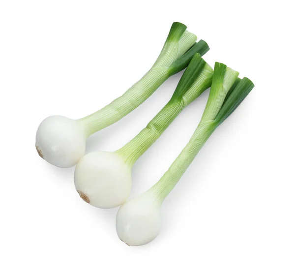 Whole Green Spring Onions Isolated White Top View — Stock Photo, Image