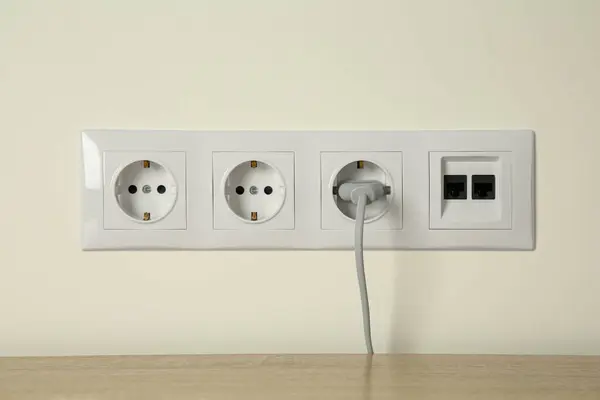 Many Power Sockets Plug Ethernet Plate White Wall Indoors — Stock Photo, Image