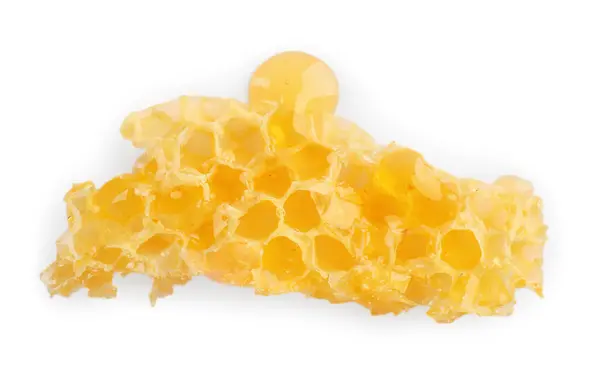 Stukje Natuurlijke Honingraat Met Lekkere Honing Geïsoleerd Wit Bovenaanzicht — Stockfoto