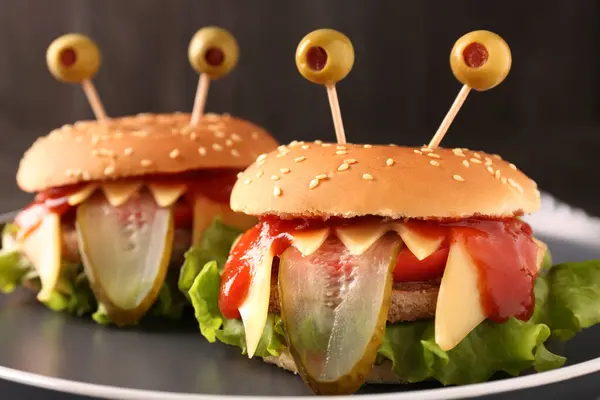 Cute Monster Burgers Plate Closeup Halloween Party Food — Stock Photo, Image