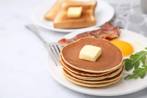Tasty Pancakes Served Fried Egg Bacon White Table Space Text — Stock Photo, Image