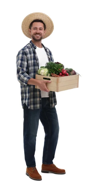 Erntezeit Glücklicher Bauer Mit Holzkiste Mit Gemüse Auf Weißem Hintergrund — Stockfoto