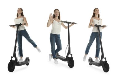 Elektrikli scooter 'ı olan kadın beyazla izole edilmiş. Fotoğraf seti