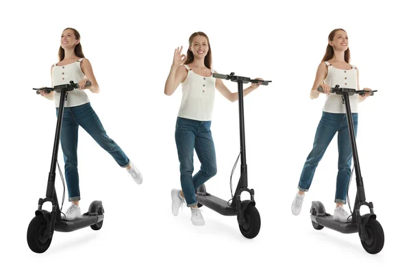 Woman Electric Kick Scooter Isolated White Set Photos — Stock Photo, Image