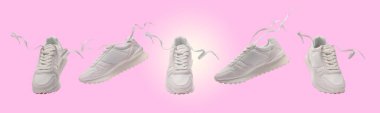 Mor arka planda havadaki şık spor ayakkabı, kolaj tasarımı