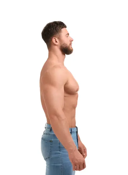Bonito Homem Musculoso Isolado Branco Corpo Sexy — Fotografia de Stock
