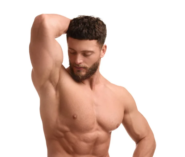 Bell Uomo Muscoloso Isolato Sul Bianco Corpo Sexy — Foto Stock