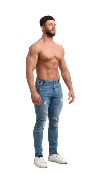 被白色隔离的英俊的肌肉男人 性感的身体 — 图库照片