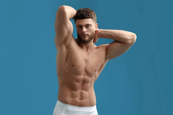 Handsome Muscular Man Light Blue Background Sexy Body — Stock Photo, Image