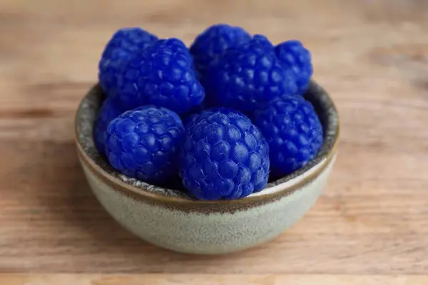 Many Fresh Blue Raspberries Bowl Wooden Table Closeup — Stock Photo, Image