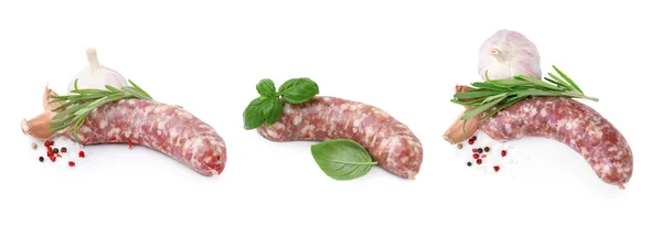 Raw Homemade Sausages White Background Set — Stock Photo, Image