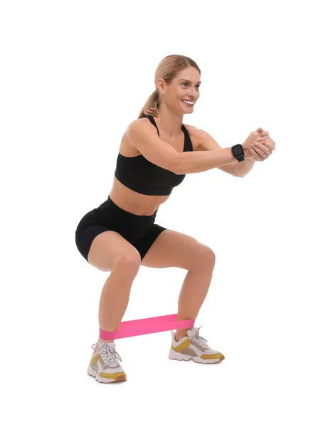 Mulher Exercitando Com Banda Resistência Elástica Fundo Branco — Fotografia de Stock
