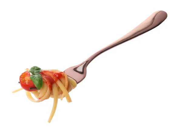 Vork Met Lekkere Pasta Tomatensaus Basilicum Geïsoleerd Wit — Stockfoto