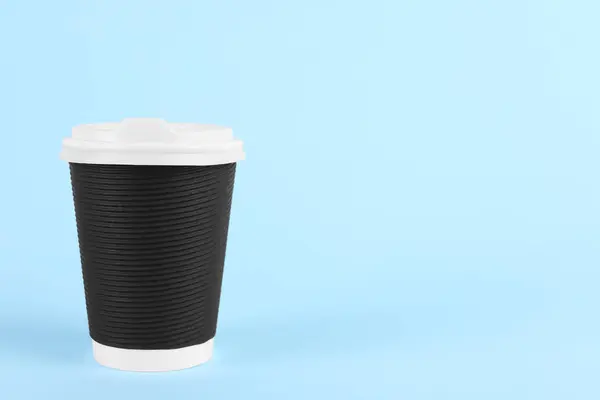 Black Paper Cup Plastic Lid Light Blue Background Space Text — Stock Photo, Image