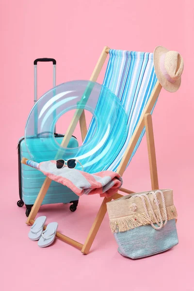 Deck Chair Suitcase Beach Accessories Pink Background Summer Vacation — Stock Photo, Image