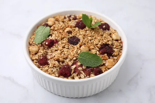 Tasty Baked Oatmeal Berries Nuts White Marble Table Closeup — Stock Photo, Image