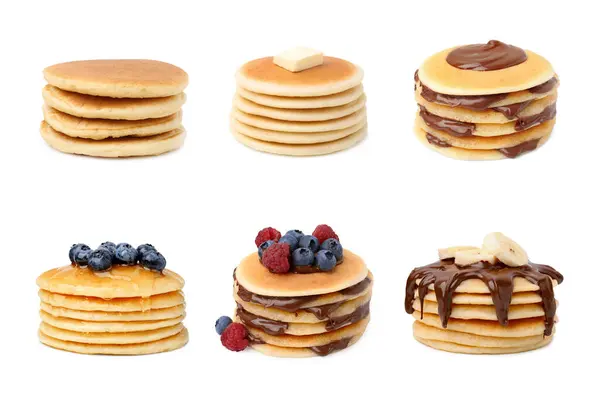 Set Tasty Pancakes Toppings Isolated White — Stock Photo, Image