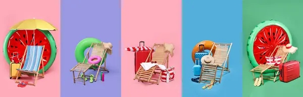 Palubní Židle Plážové Doplňky Set Různými Barevnými Pozadími — Stock fotografie