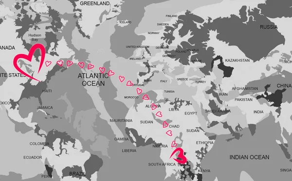 Love in long-distance relationship. Connecting line of pink hearts between countries on world map