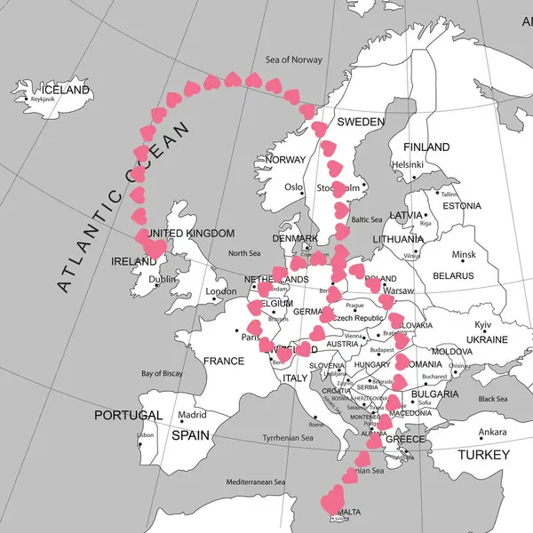 Love in long-distance relationship. Connecting line of pink hearts between Ireland and Malta on world map