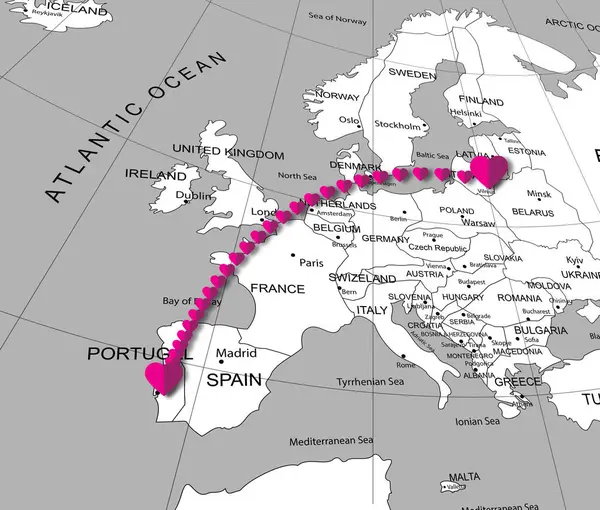 Love in long-distance relationship. Connecting line of pink hearts between Portugal and Lithuania on world map