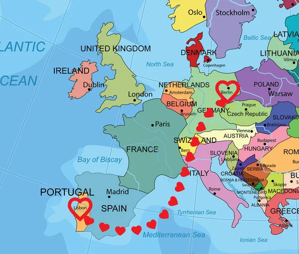 Love in long-distance relationship. Connecting line of red hearts between Lisbon and Berlin on world map