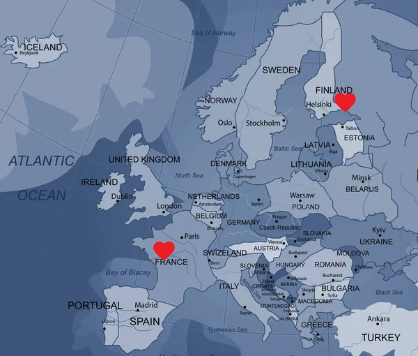 Red hearts on map of Europe symbolizing connection and love in long-distance relationship