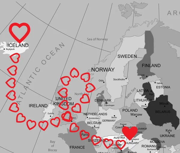 Love in long-distance relationship. Connecting line of red hearts between European countries on world map
