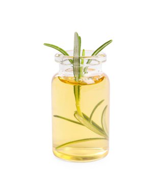 Beyaza izole edilmiş taze biberiye filizi olan bir şişe gerekli yağ.