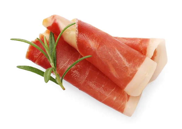 Slices Delicious Jamon Rosemary White Background Top View — Stock Photo, Image