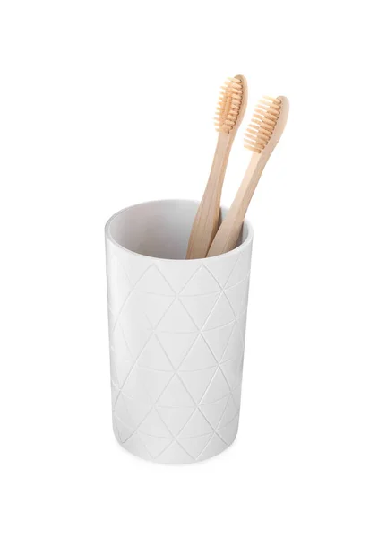 Escovas Dentes Bambu Suporte Isolado Branco — Fotografia de Stock