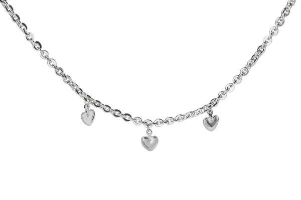 Beyaza Izole Edilmiş Kalp Kolyeli Bir Metal Zincir Lüks Mücevherler — Stok fotoğraf