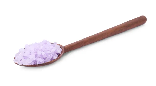 Деревянная Ложка Фиолетовой Морской Солью Изолированная Белом — стоковое фото