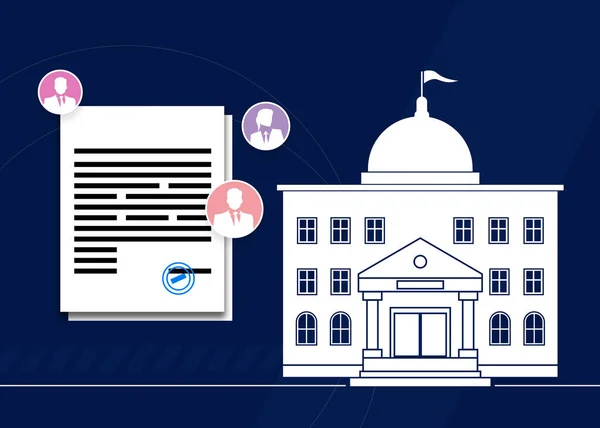 stock image Municipal building, contract and icons on blue background, illustration