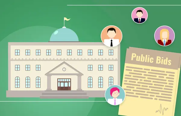 Government procurement. Municipal building, Public Bids documents and icons on green background, illustration