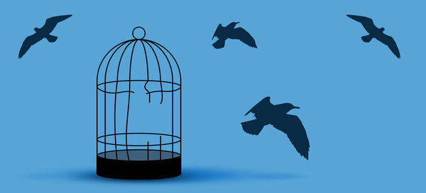 Freedom. Silhouettes of birds flying out of broken cage on light blue background, banner design
