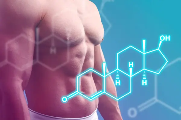 Muscular man and structural formula of testosterone on light blue background, closeup