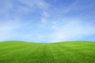 Parlak mavi gökyüzünün altında yemyeşil çimenler ve bulutlar.