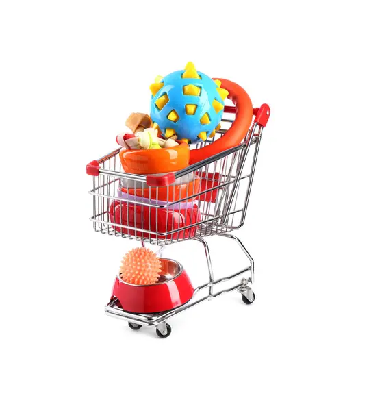 Different Pet Goods Shopping Cart Isolated White Shop Items Stock Photo